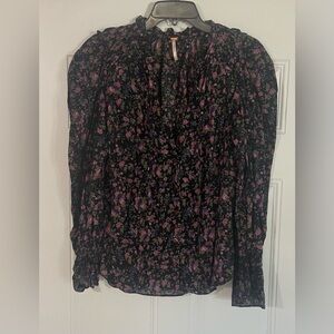 Free People Meant To Be Poet Blouse Small Black Floral L Boho Prairie Peasant